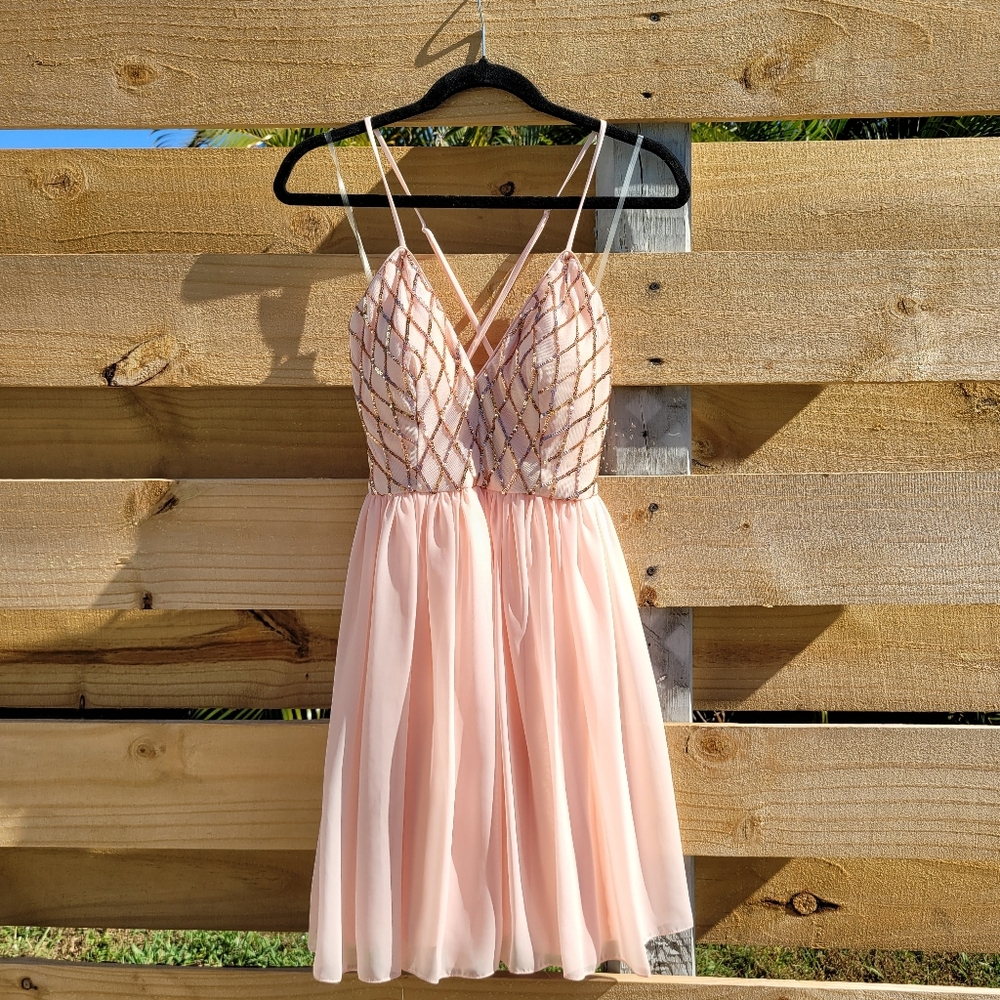 PromGirl Blush Pink Sequin Tulle Prom Dress Spaghetti Strap Fit & Flare Size L